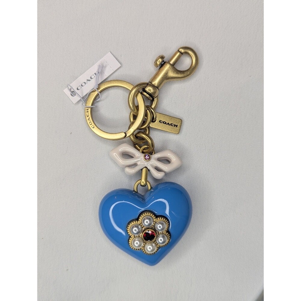 NWT Coach Resin Heart Bag Charm Keychain Brass/Blue Multi